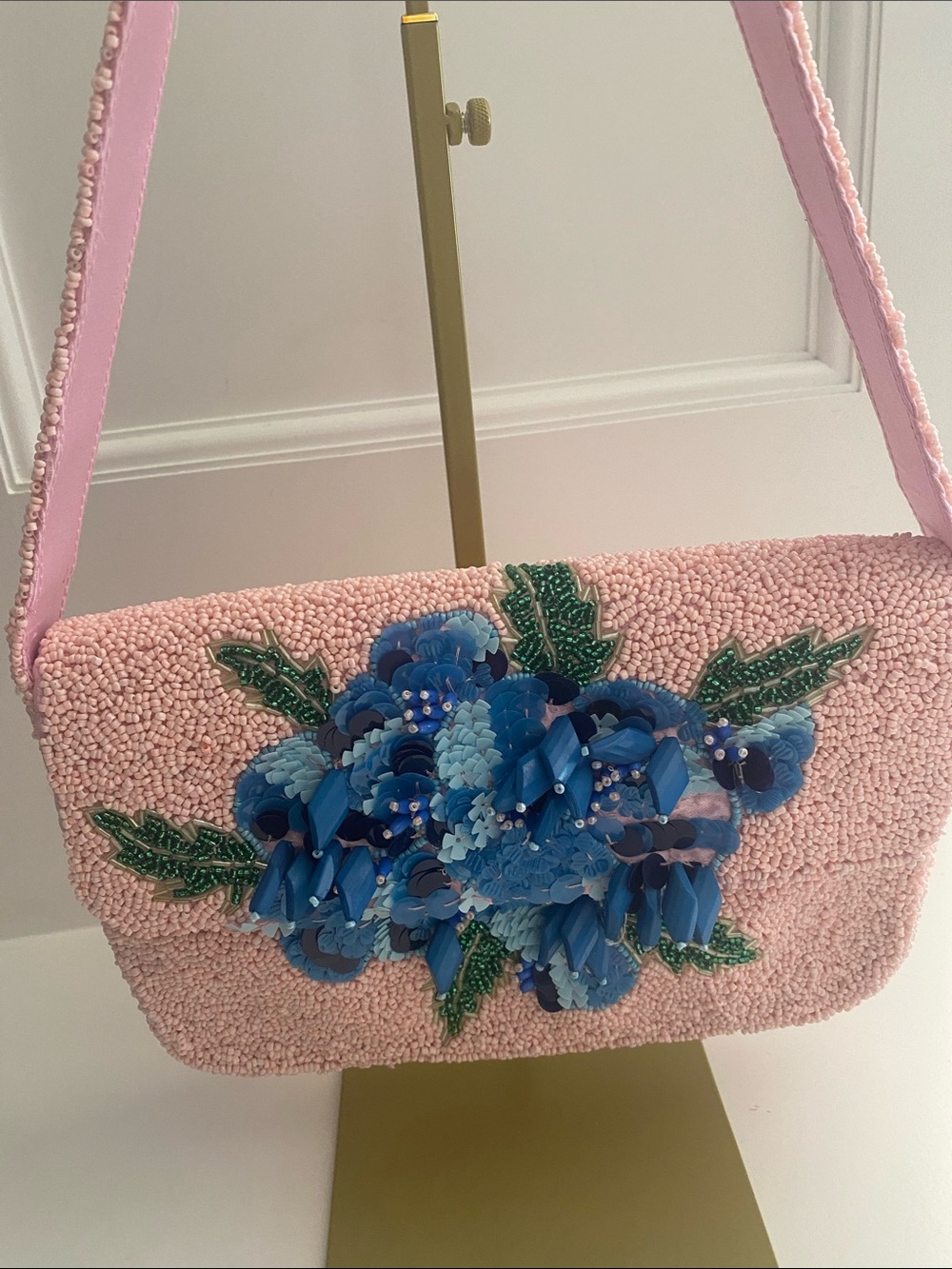 Pink Beaded Hydrangea Shoulder Bag | 3D Blue Floral Handbag | Statement Purse